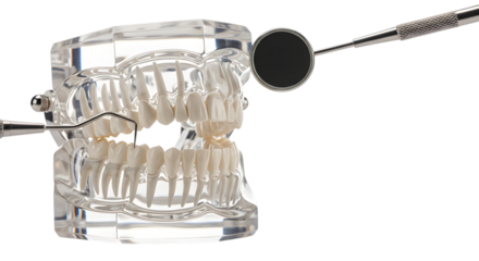 Realistic dental model with mirror and probe demonstrating oral hygiene practices