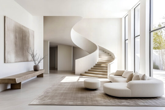 Stylish elegant sofa in minimalist, scandinavian home interior design of modern living room with staircase. - Powered by Adobe