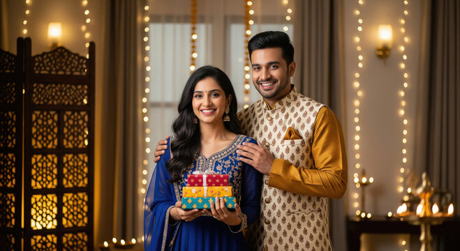 Indian couple in blue and gold festive attire stands together in a warmly lit, decorated room, holding colorful gift boxes and surrounded festive lights.