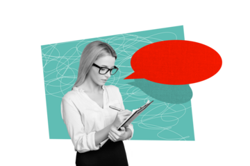 Composite trend artwork sketch image photo collage of copyspace business young lady hold clipboard write pen candidate hr speech cloud