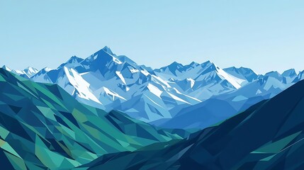 Obraz premium A vibrant, low-poly landscape featuring majestic snow-capped mountains under a clear blue sky, with lush green foothills in the foreground.
