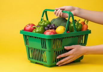 Vibrant green shopping basket brimming with fresh fruits and vegetables against a sunny yellow backdrop, promoting healthy eating and lifestyle choices