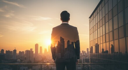 Businessman stands overlooking city skyline at sunset with building reflection.
