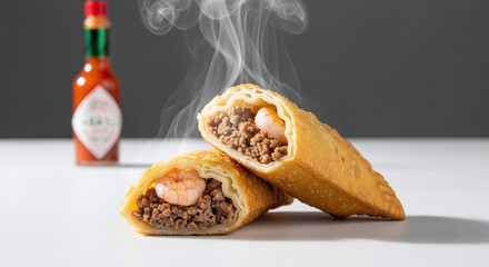 Enjoy delicious, freshly made shrimp and meat empanadas with spicy sauce for a flavorful meal, perfect for food blogs or restaurant menus