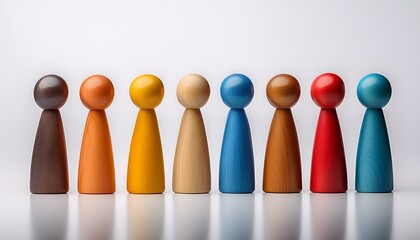 A Group Of Six Wooden Figures Each Colored Differently Arranged In A Row On A White Surface