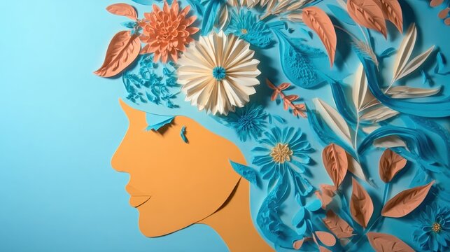 Paper collage with girl's face and flowers, symbolizing Women's Day celebration. AI generated for empowering content. Suitable for social media, posters, and women's themes.