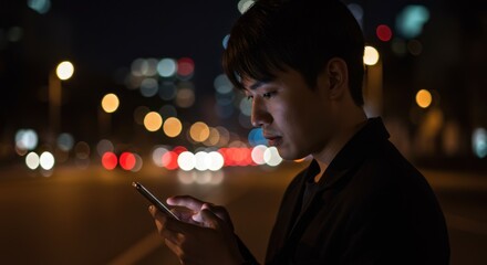 Man using phone at night with blurred city lights in the background.