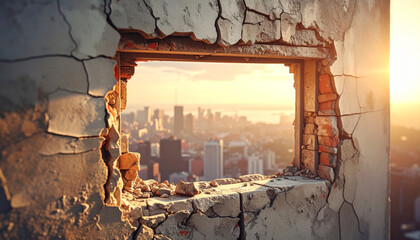 Urban space framed by crumbling concrete wall with exposed brick, showing city skyline at sunset, evoking constraint and resilience