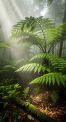 Naklejka premium Sunlight filtering through lush ferns in a misty rainforest.