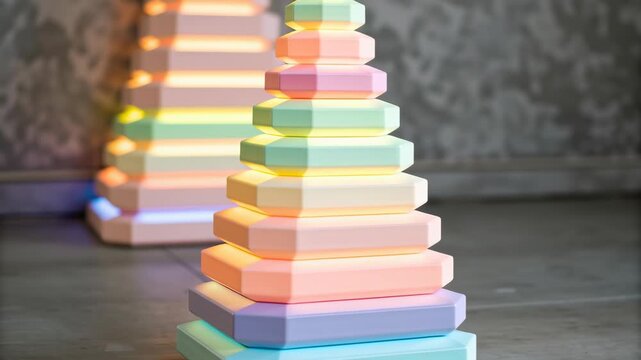 3d shape stack colorful contrast pastel block glow softly floor playful mood with geometric harmony modern interior tower design rising tiers
