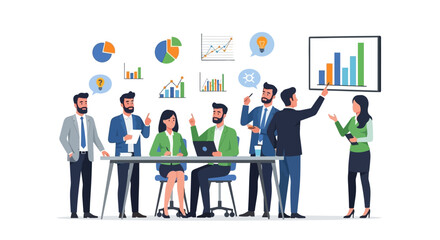 Business meeting with team presenting financial growth and strategy for success