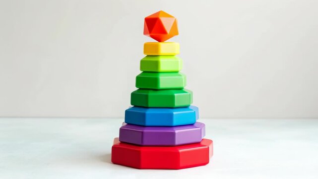 3d shapes stack colorful contrast toy pyramid and tower with geometric rings, hexagon base, rainbow layers, orange polyhedron top, playful balance