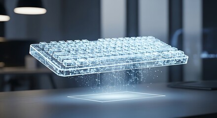 A futuristic holographic keyboard projects blue light onto a desk in a modern office environment, symbolizing advanced technology and innovation.