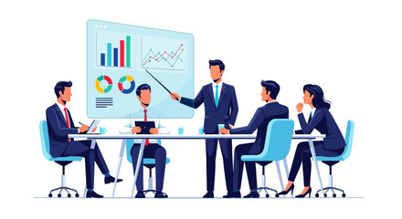 Business meeting presentation with data charts and graphs for strategy discussion inside the