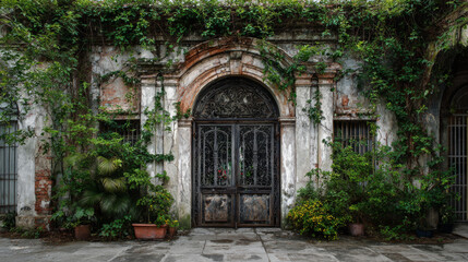 Fototapeta premium Ornate wooden door framed by climbing green plants on a stone building