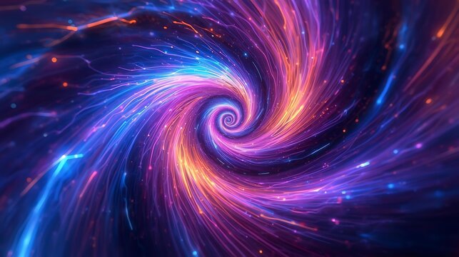 A vibrant, swirling vortex of cosmic energy, with streaks of blue, purple, and orange light creating a mesmerizing spiral effect against a dark background.