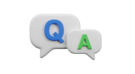 QA 3d icon. Letters Q and A in chat bubbles. Question and answer concept. FAQ, frequently asked questions, dialog concept. 3d illustration isolated on transparent background 