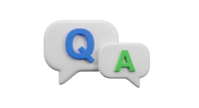 QA 3d icon. Letters Q and A in chat bubbles. Question and answer concept. FAQ, frequently asked questions, dialog concept. 3d illustration isolated on transparent background 