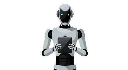 Sleek Robot Holding a Tablet with Both Hands.