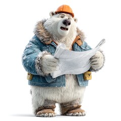 Cartoon Polar Bear Engineer with Blueprint Wearing an Orange Hard Hat and Denim Jacket