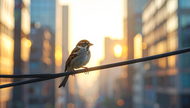 Sparrow perched on wire in urban space at sunrise with warm light and city constraint creating peaceful atmosphere - Powered by Adobe
