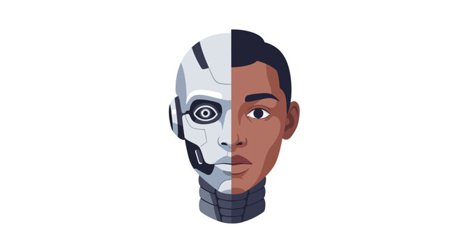 Half Human Half Robot Face Illustration on White Background.