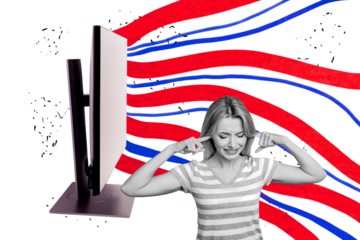 Sketch image trend artwork montage 3D photo collage of young lady bad mood finger cover ear deaf computer monitor display stress suffer