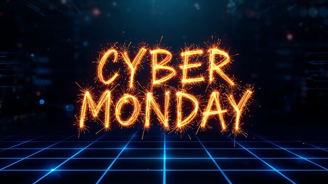 Cyber monday digital sale background with glowing sparkling typography on futuristic tech grid platform for ecommerce promotion