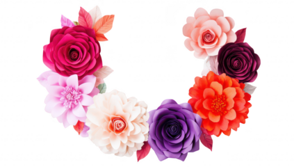 A arrangement of handcrafted paper flowers in various shades of pink. red. and purple. creating a beautiful circular frame against a clean white background. ideal for decorative purposes