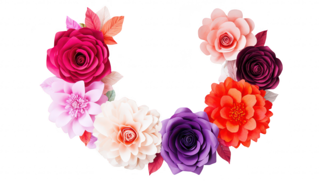 A arrangement of handcrafted paper flowers in various shades of pink. red. and purple. creating a beautiful circular frame against a clean white background. ideal for decorative purposes