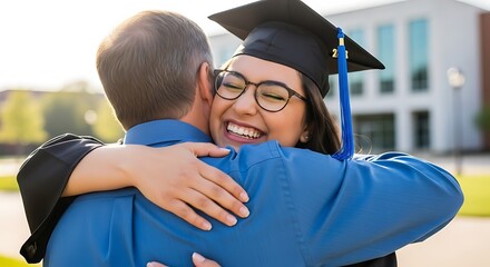 Joyful young woman in graduation cap and gown hugging her proud father outdoors celebrating academic achievement and success milestone education