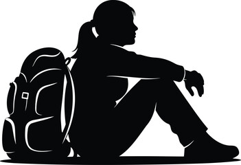 Silhouette of Female Traveler Sitting with Backpack Vector Illustration