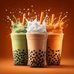 Colorful Bubble Tea Drinks with Toppings and Splashes in Different Flavors and Textures on Vibrant Background