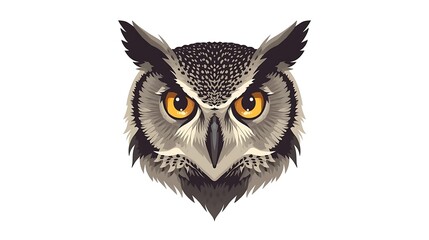 Fototapeta premium A detailed illustration of a great horned owl's face with piercing yellow eyes and feathered ear tufts.