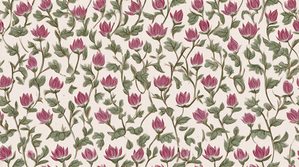 Fototapeta premium Trailing lotus bud floral vines seamless pattern in sage green and mauve 