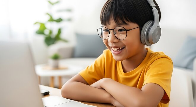 Joyful young Asian boy wearing headphones and glasses smiles while learning on laptop online during remote education at home