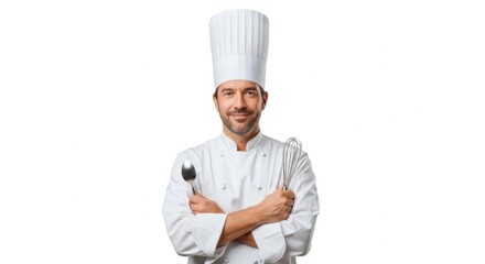 Professional Male Chef Wearing White Uniform and Tall Chef Hat Holding Kitchen Utensils in Studio