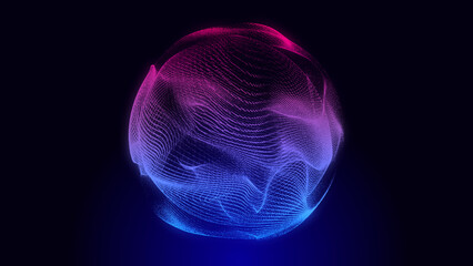 Collection of bright dots on a dark background. Abstract sound wave of particles. Data network. 3D rendering.