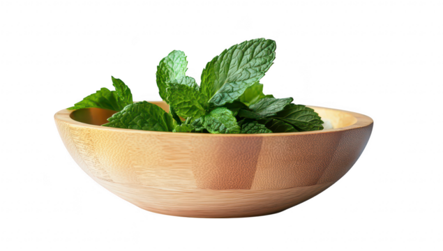 A beautifully crafted wooden bowl filled with fresh green mint leaves. set against a soft. neutral background. ideal for culinary use or as a decorative element in food photography