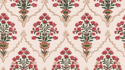 Vintage floral ogee lattice with crimson blossoms and sage leaves on cream
