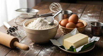 Baking Ingredients and Tools on Wooden Table for Homemade Cooking
