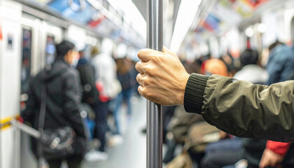 Hand gripping pole space constraint urban subway crowded public transportation city commute rush hour people standing safety travel modern