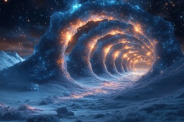 Spiral tunnel in sky with stars.