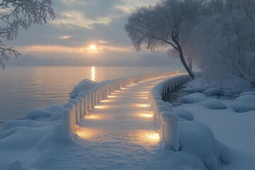 Sunrise reflecting on the snowy lake.