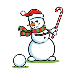 Cartoon snowman playing golf with a candy cane on a white background christmas sport
