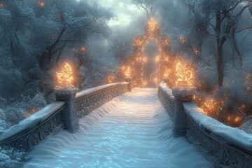 Fire blazing on snow-covered bridge.