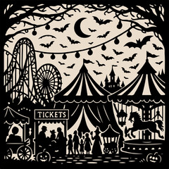 Spooky Carnival & Big Top — Halloween Fairground with Bats & Ticket Booth (B/W Vector)
