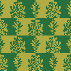 Seamless damask pattern in yellow and green with floral ornamental details. Perfect for wallpapers, textiles, wrapping papers, and elegant home décor projects.