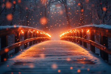 Snow-covered bridge illuminated by lights.