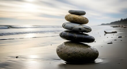 Zen Stones Stacked on Sandy Beach Shoreline Ocean Waves